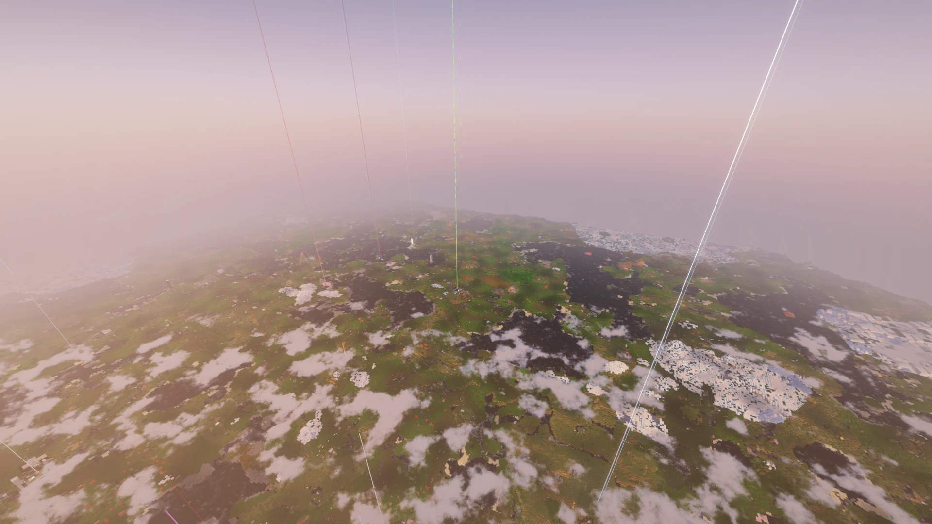 A vast Minecraft landscape visible across an extremely long render distance