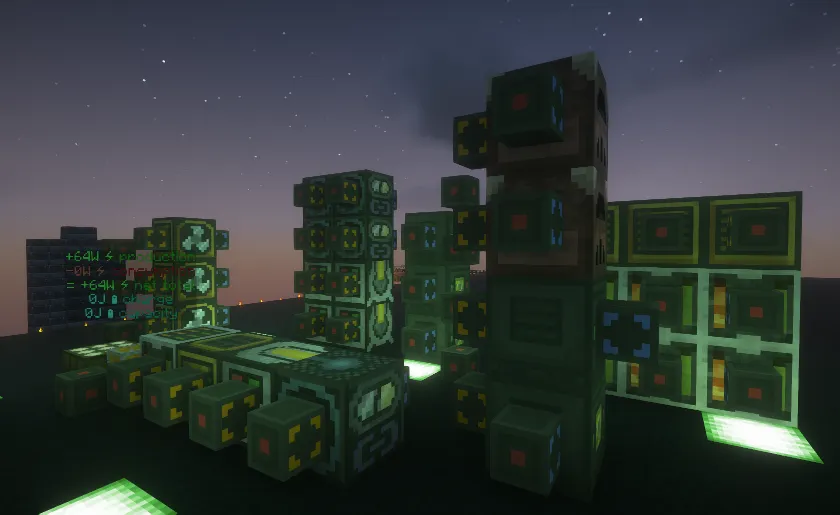 Glowing Slimefun machines with neon green accents at night