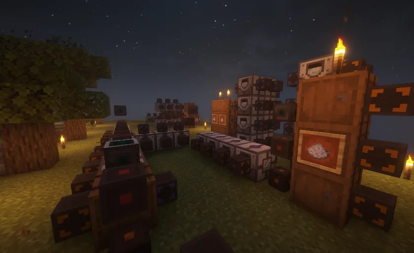 An outdoor Slimefun machine setup with rows of modded blocks and torches