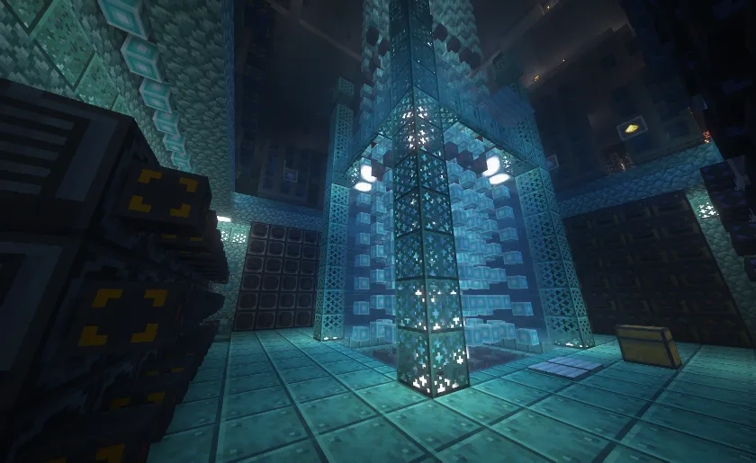 A glowing blue Slimefun room with a central crystal and machine blocks