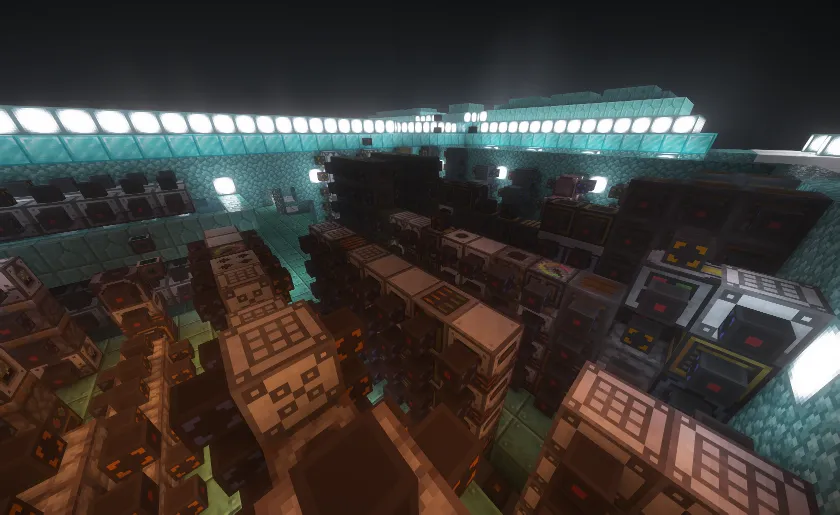 A teal-lit Slimefun workshop packed with glowing machines and processing blocks